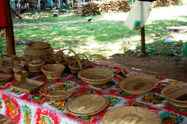 Bamboo Wicker Pannier Basket Tray Traditional Cambodia Style Local Souvenirs — Stock Photo, Image