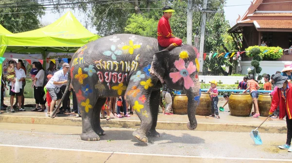 Festival de Songkran é comemorado em um tradicional Ano Novo é Dia de 13 a 15 de abril, com a água salpicante com elefantes em Ayutthaya, Tailândia . — Fotografia de Stock