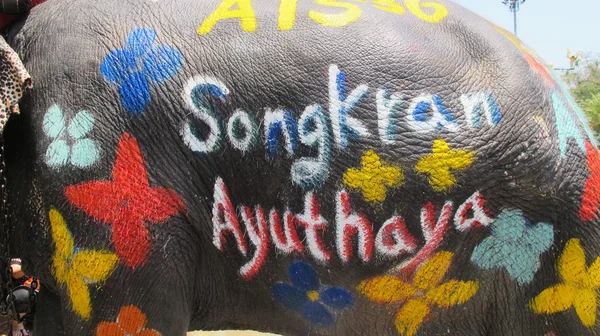 Songkran Festival is celebrated in a traditional New Year is Day from April 13 to 15, with the splashing water with elephants in Ayutthaya, Thailand. — Stock Photo, Image