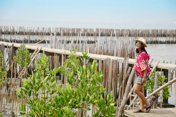 Thaise vrouwen staan op de loopbrug brug in mangrovebossen — Stockfoto