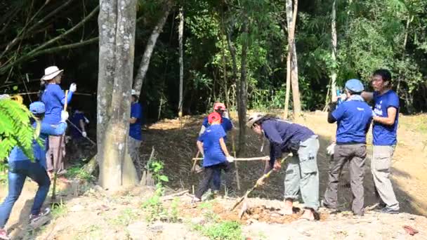タイ人ボランティアを作る Panoenthung の森で食べる動物の塩をなめる — ストック動画