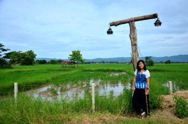 Thai woman portrait with pole lamp thai style at rice field — Stock Photo, Image