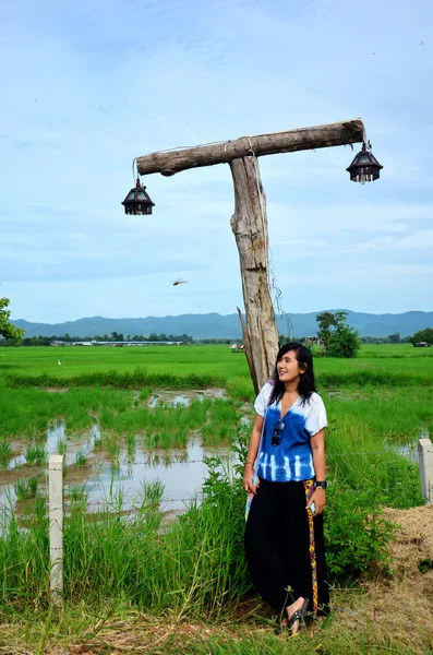 Retrato de mujer tailandesa con lámpara de poste estilo tailandés en el campo de arroz — Foto de Stock