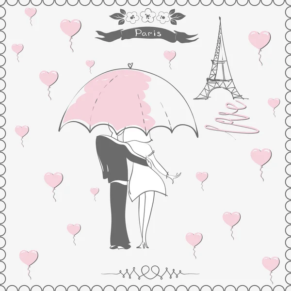 Couple sous parapluie à Paris . — Image vectorielle