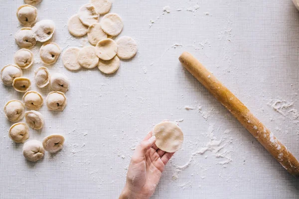 Girl Makes Dumplings Home Table Close — Stock Photo, Image