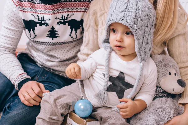 Little Boy Winter Hat Holding Christmas Tree Ball — Stock Photo, Image