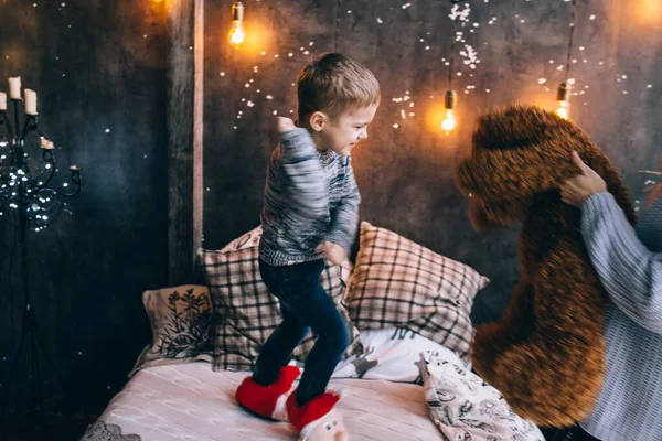 Boy Mother Playing Teddy Bear — Stock Photo, Image