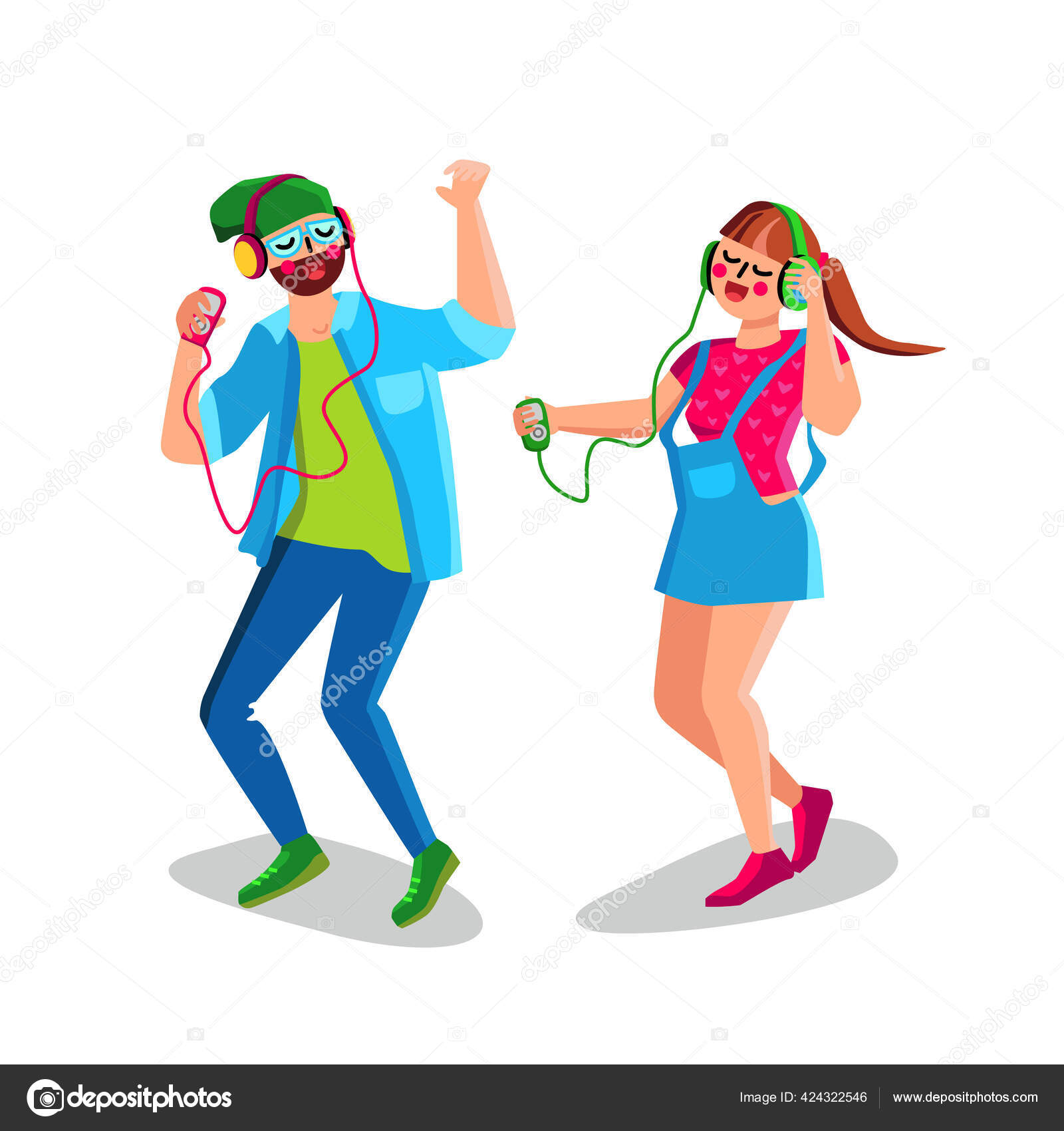 Boy And Girl Listening Music And Dancing Vector Векторное.