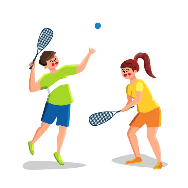 Squash spel spelen jonge man en vrouw vector — Stockvector