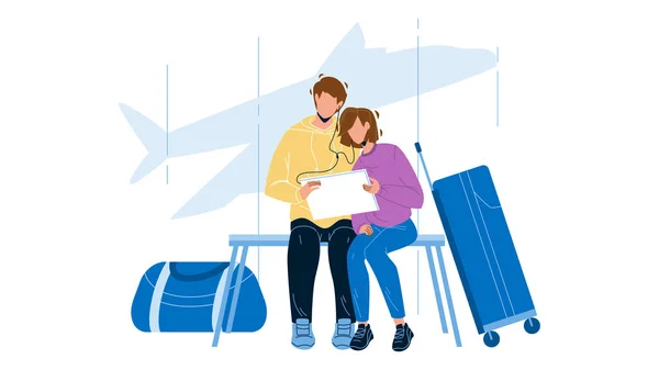 Couple en attente de vol dans le terminal de l'aéroport vecteur — Image vectorielle