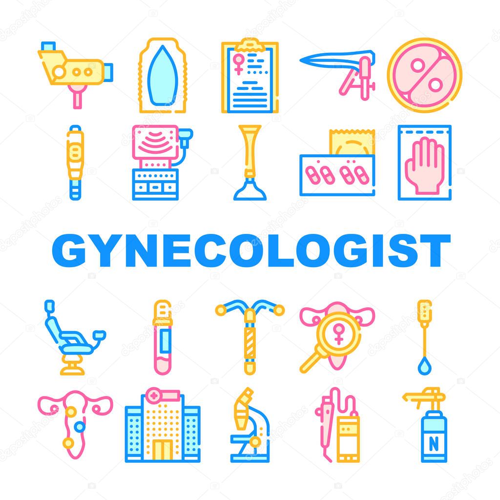 Gynecologist Treatment Collection Icons Set Vector. Gynecologist Colposcope And Stethoscope, Gynecological Suppositories And Chair Concept Linear Pictograms. Color Contour Illustrations