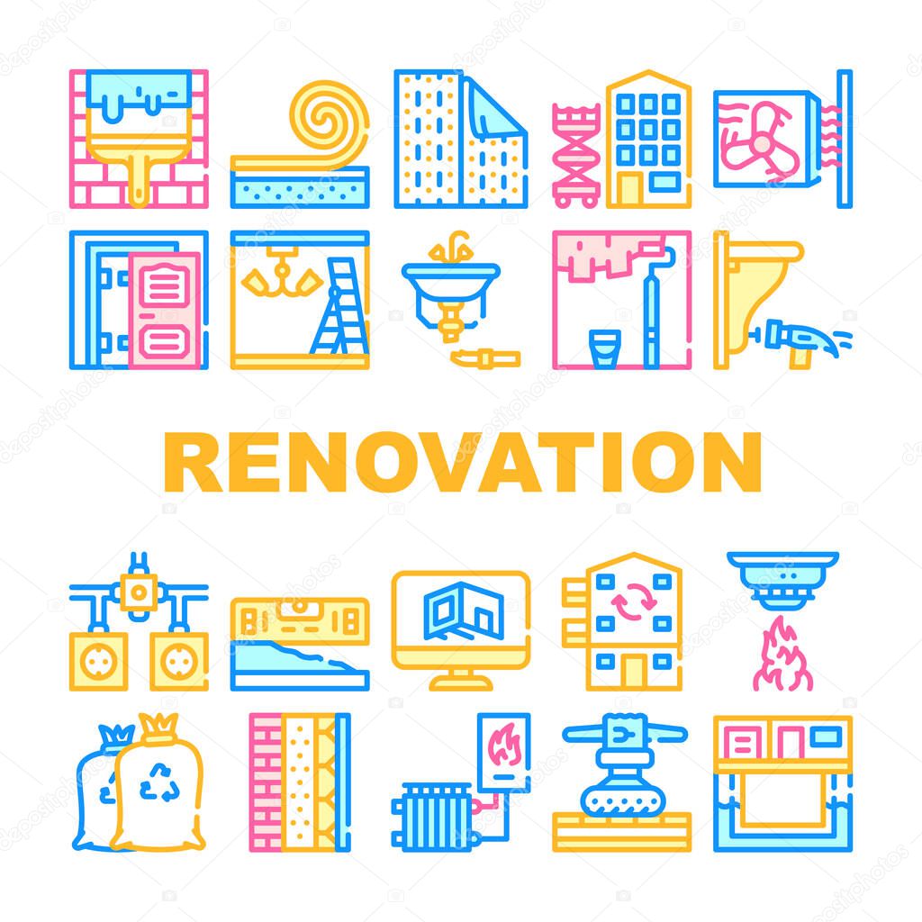Home Renovation Repair Collection Icons Set Vector. Wallpaper And Garbage Bags, Heat Gun And Fan Heater, Noise Isolation And Renovation Equipment Concept Linear Pictograms. Contour Illustrations