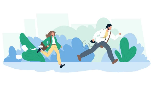 Hombre y mujer de persona tardía corriendo en el vector de la calle — Vector de stock