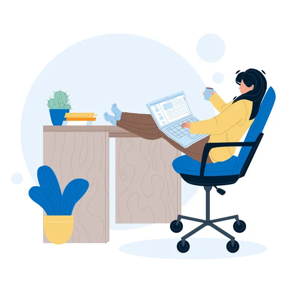 Freelancer Girl Working On Laptop At Home Vector — Stock Vector