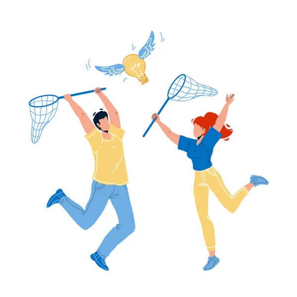 Catching Idea With Net Man And Woman People Vector — Stockový vektor