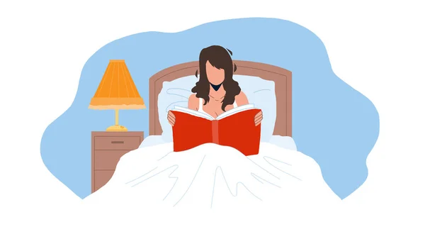 Mulher ler livro no quarto antes de dormir Vector — Vetor de Stock