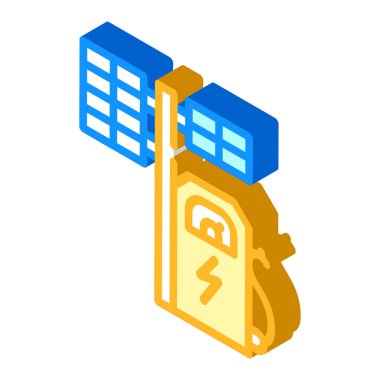 Güneş paneli izometrik ikon vektör illüstrasyonlu elektrik şarj istasyonu