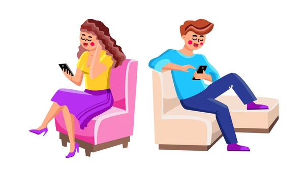 Using Smartphones Man And Woman People Vector — Stock Vector