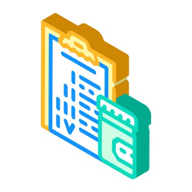 Deneme aşamaları izometrik ikon vektör illüstrasyonuna sahip kontrol listesi