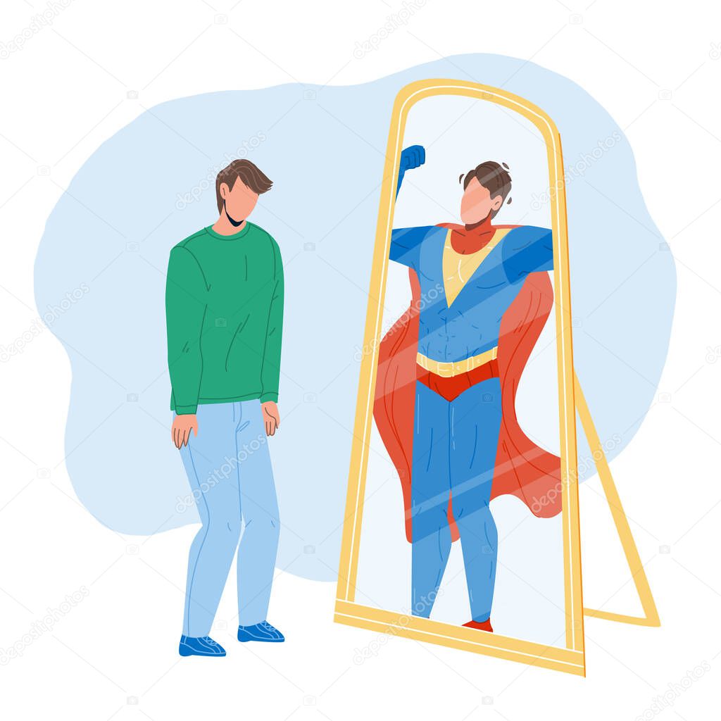 Man Seeing Himself In Mirror As Super Hero Vector
