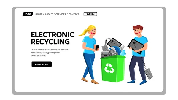 Reciclagem Eletrônica Trashcan Com Gadgets Vector Homem Mulher Carregando Dispositivos —  Vetores de Stock