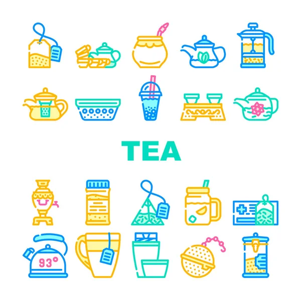 Tea Healthy Drink Collection Icons Set Vector Tavola Cerimonia Piatto — Vettoriale Stock