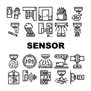 Sensor Electronic Tool Collection Icons Set Vector. Motion And Vibration, Beam And Humidity, Plant Watering And Dimension Gauge, Fire And Smoke Sensor Black Contour Illustrations clipart