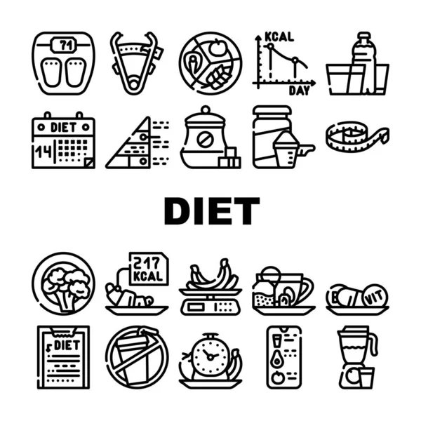 Produkty Dietetyczne Ikony Kolekcji Narzędzi Set Vector Dieta Wegetariańska Opis — Wektor stockowy