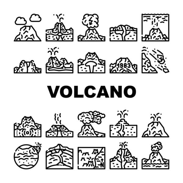 Volcán Lava Erupción Colección Iconos Set Vector Volcán Bajo Agua — Vector de stock