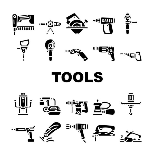 Tools For Building Collection Icons Set Vector. Jigsaw And Jackhammer, Neiler And Electric Planer, Spray Gun And Wrench, Flazer And Mixer Tools Glyph Pictograms Black Illustrations