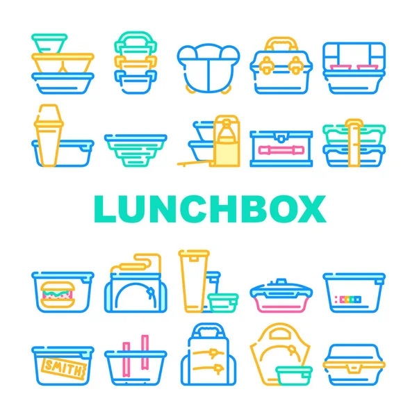 午餐盒餐具收集图标设置向量 背包和妇女午餐盒和热水瓶 真空和折叠式 古董和运动概念线性象形文字 光彩照人 — 图库矢量图片