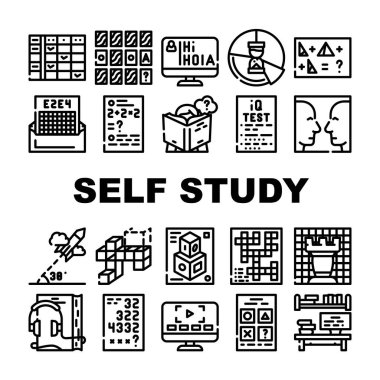 Kişisel Çalışma Dersleri Koleksiyon Simgeleri Vektörü Ayarladı. Kişisel Çalışma Audiobook ve Video Dersleri, Satranç ve Çapraz Bulmaca Oyunu, Modelleme ve IQ Test Siyahi Çizimleri