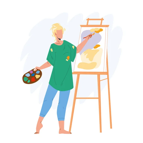 Artist Woman Painting Picture On Canvas Vector — Stock Vector