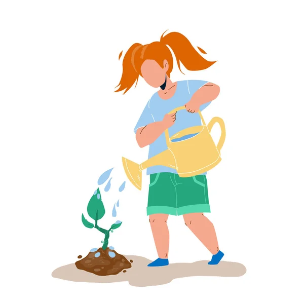 Sapling Planting And Watering Girl Child Vector — Stock Vector