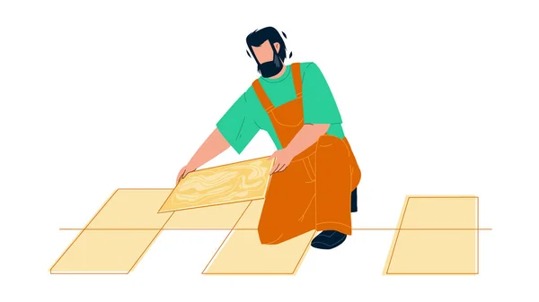 Tiler Man Installing Ceramic Floor Tiles Vector — Stock Vector