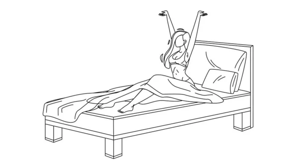 Mujer despierta mañana en cómodo vector de cama — Vector de stock