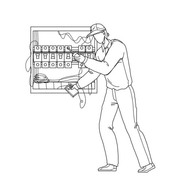 Ingeniero eléctrico que comprueba la ilustración del vector del panel eléctrico — Archivo Imágenes Vectoriales