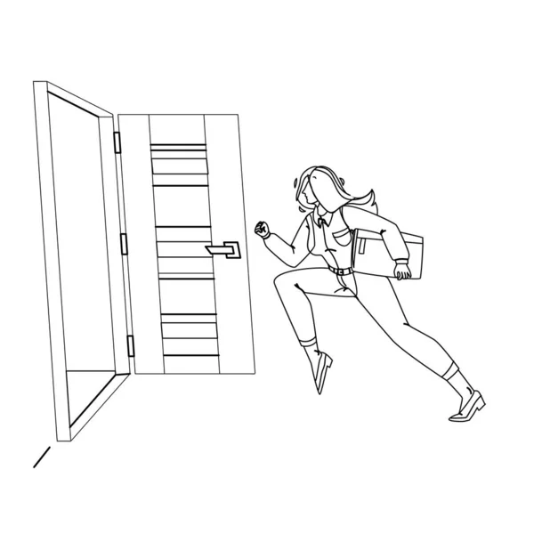 Kobieta opuszcza pokój, biegnie, aby otworzyć wektor drzwi — Wektor stockowy