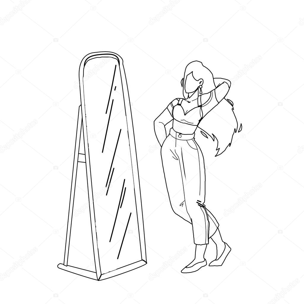 At Mirror Reflection Looking Stylish Girl Black Line Pencil Drawing Vector Young Woman Standing In Front Of Mirror At Home Or Clothing Store Character Lady In Fashion Clothes Narcissism Premium Vector