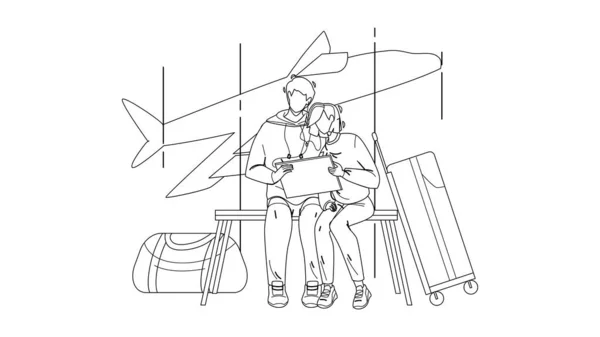 Couple en attente de vol dans le terminal de l'aéroport vecteur — Image vectorielle