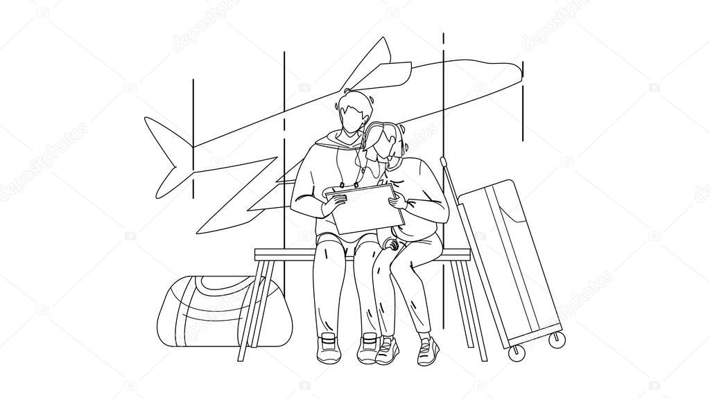 Couple Waiting Flight In Airport Terminal Vector