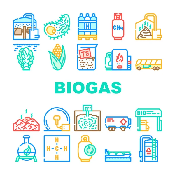 Biogas Energie Brandstofinzameling Pictogrammen Set Vector — Stockvector