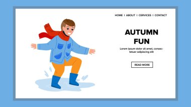 Sonbahar Eğlencesi, Puddle Boy Çocuk Vektörüne Atlama