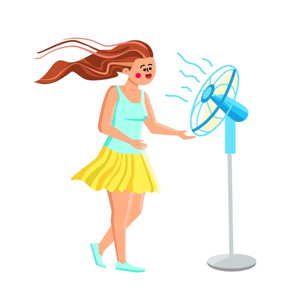 Ventilador Dispositivo de aire fresco Disfrutando joven mujer Vector — Vector de stock