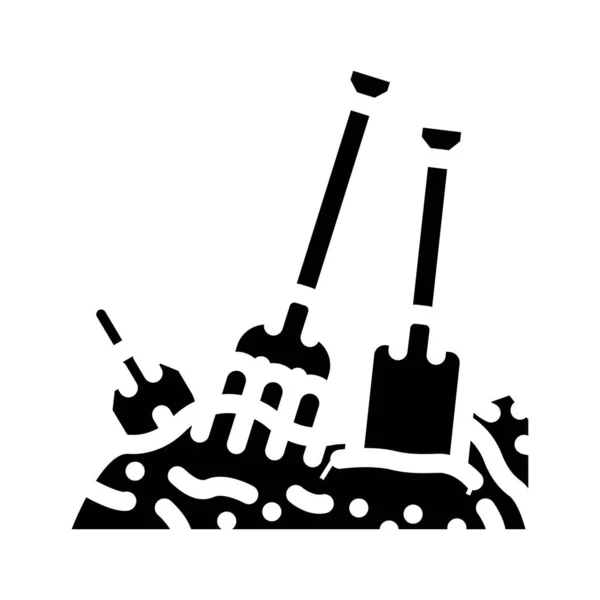 Widły i łopata narzędzie na kompost stos glif ikona wektor ilustracja — Wektor stockowy