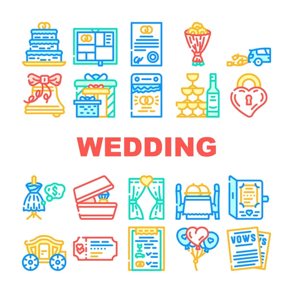 Wedding Day Accessoires Collectie Pictogrammen Set Vector Bruiloft Uitnodiging Vow — Stockvector