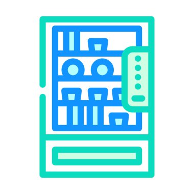 Yiyecek ve içecekleri kantin renkli ikon vektörlü otomat. Kantin tabelasında yiyecek ve içecek olan otomat makinası. izole edilmiş sembol çizimi