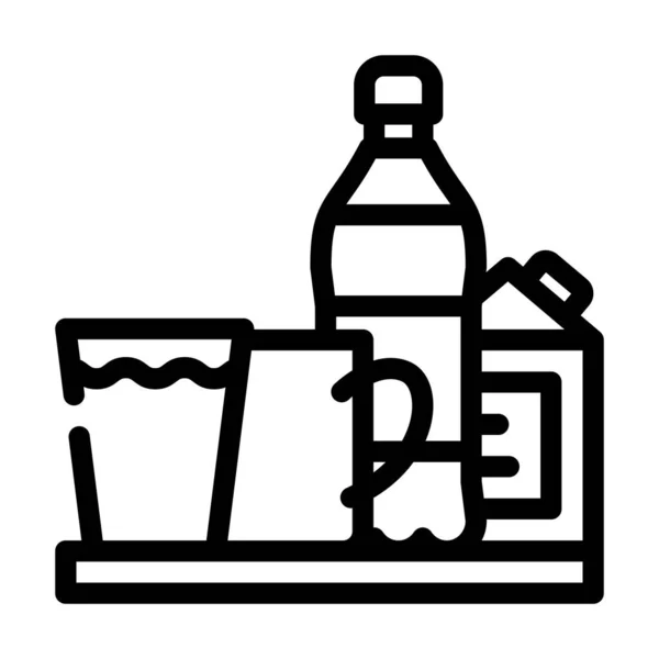 Eau et lait, thé et jus de boissons sur plateau illustration vectorielle icône ligne — Image vectorielle