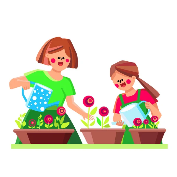 Vector de mujer y niña de cuidado de plantas interiores juntos — Vector de stock