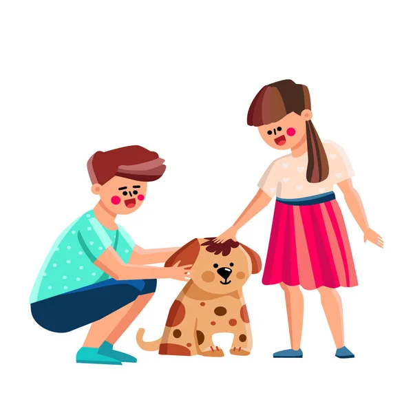 Ragazzo e ragazza bambini accarezzare cane insieme vettore — Vettoriale Stock